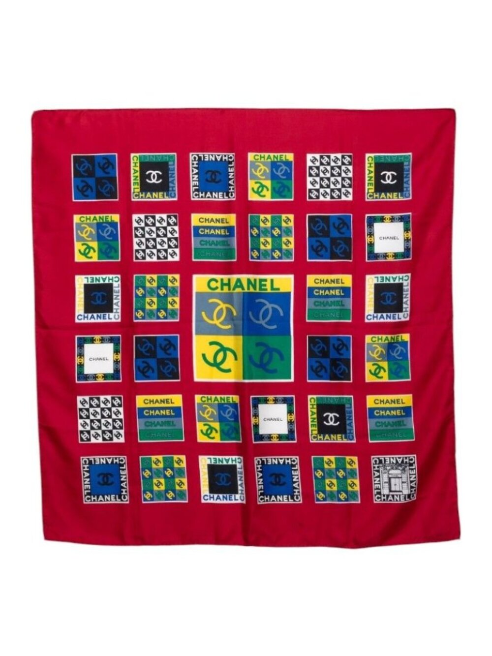 Chanel Vintage CC Logo Scarf Red Multicolor Silk